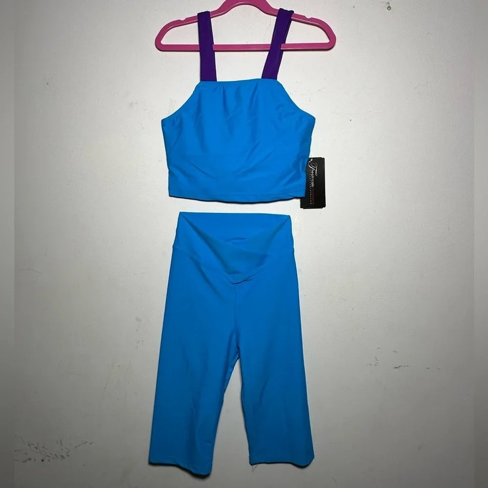 AXS Theatricals dance 2 piece Purple blue Dancewear Crop Top Biker Shorts XS SET